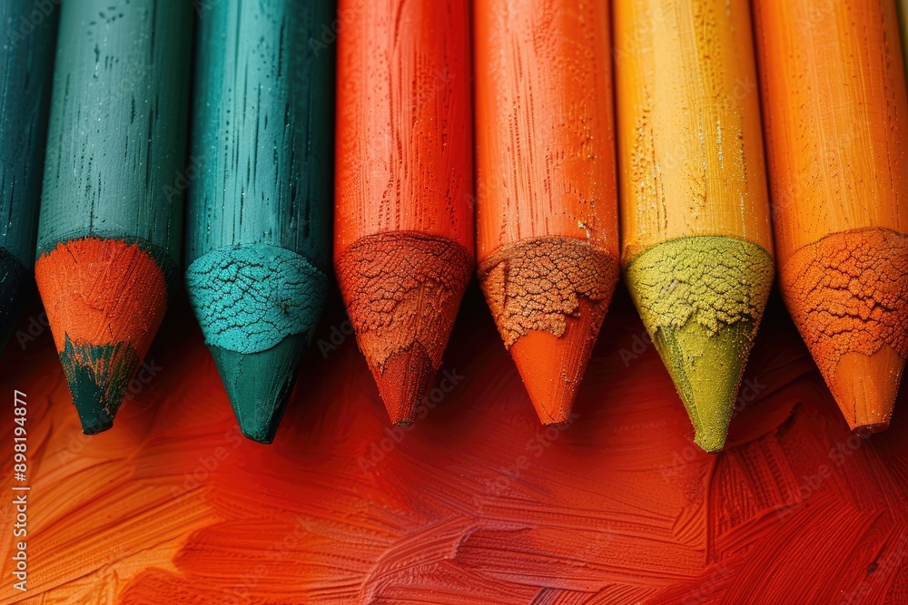 Poster close-up of sharpened color pencils on a red background