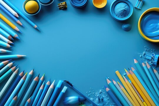 Blue and Yellow Art Supplies on a Blue Background
