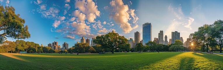Obraz premium Sunset Aerial View Over Central Park with Skyscrapers