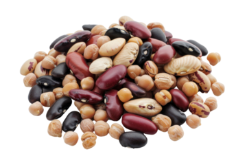 Different types of beans such as kidney beans, black beans, pinto beans, and chickpeas, isolated on white background.