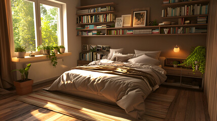 Comfortable Corner Couch and Wooden Coffee Table in Living Room, Modern interior Reading room next to the window in natural style,Modern apartment bedroom comfortable bed near window
