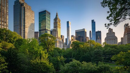 Fototapeta premium Sunset Aerial View Over Central Park with Skyscrapers
