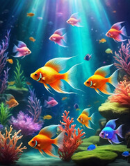 Fototapeta premium Vibrant orange white yellow blue red reef fish swim through coral reef. Sun rays pierce sea water. Variety of animal. Ecology hydrosphere. Anthropogenic factor influencing death of coral reefs. AI