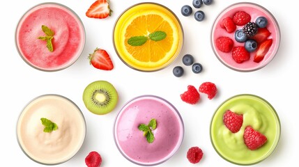 A row of colorful smoothies with fruit and mint. The smoothies are arranged in a row and are of different colors