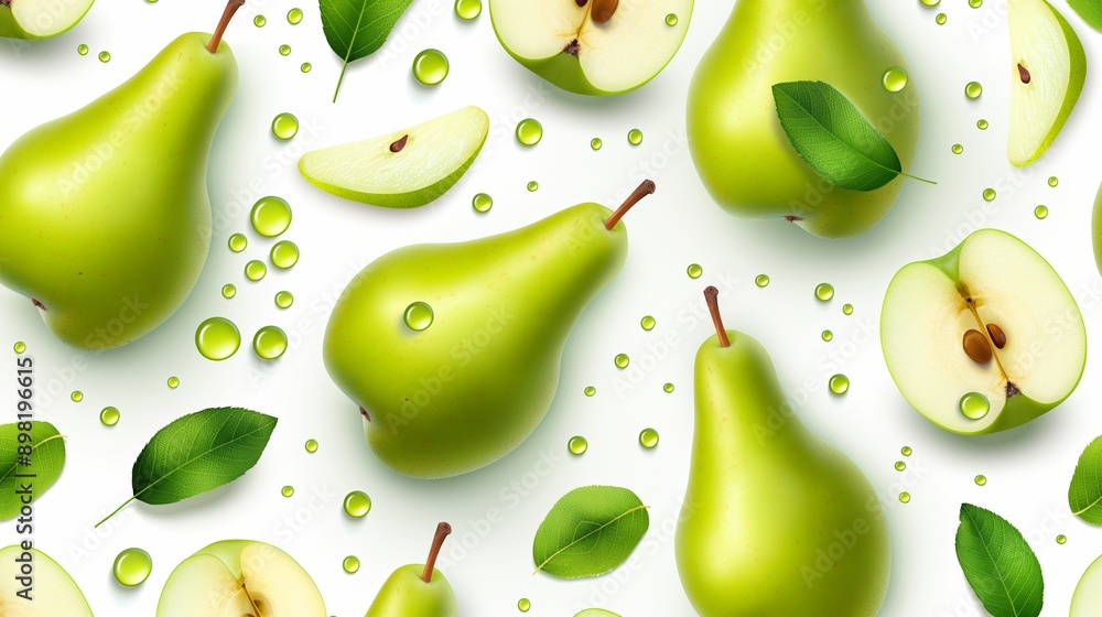 Poster a close up of green pears and apple slices with water droplets on them. the pears and apple slices a