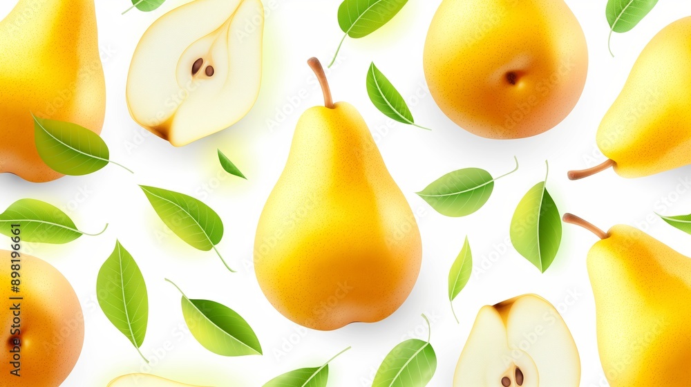 Poster a close up of a yellow pear with a leaf on it. the image is of a pattern of pears and leaves