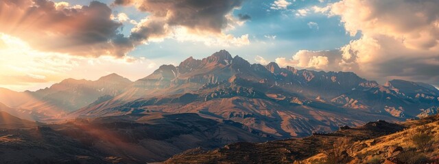 A majestic deserted mountain scenery, with towering peaks piercing the sky, set amidst a kaleidoscope of colors.