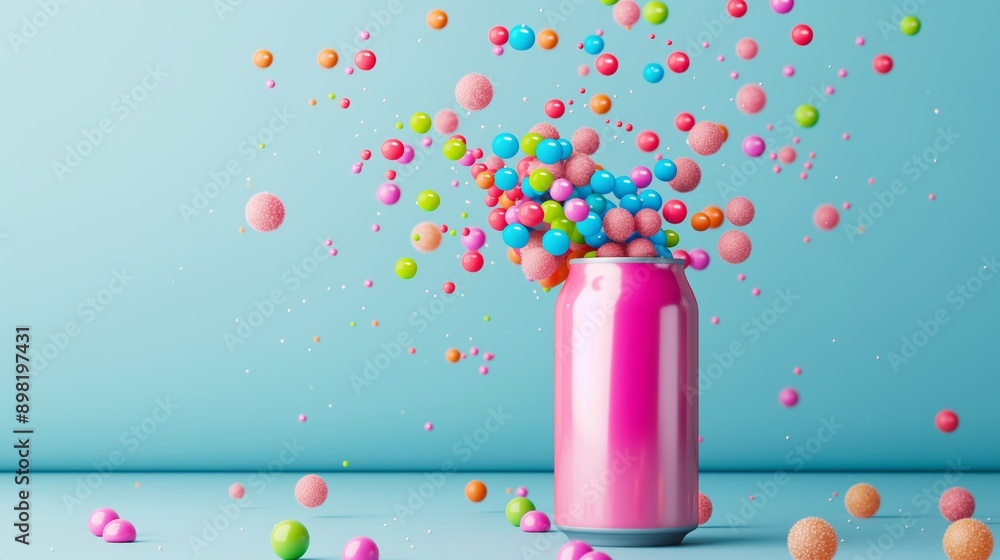 Poster a can of soda is filled with colorful candy and is surrounded by a cloud of candy. concept of fun an