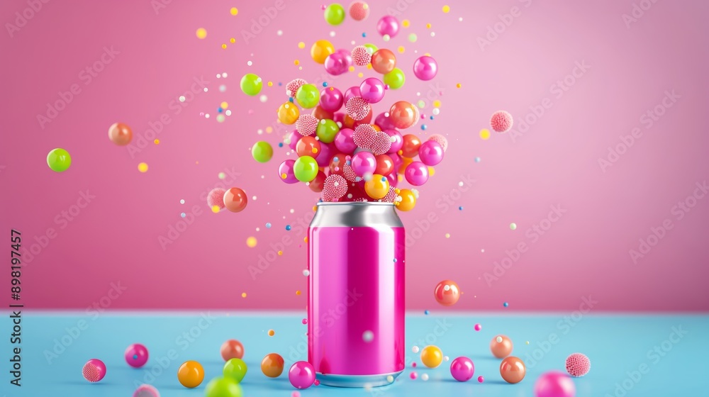 Poster a can of soda is filled with colorful candy and is surrounded by a cloud of candy. concept of fun an