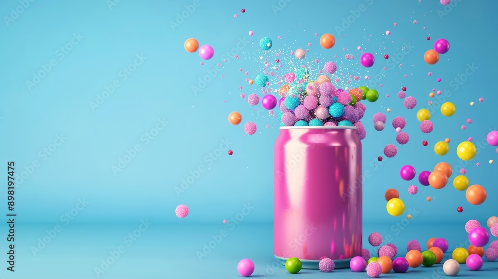 Aufkleber a can of candy is exploding with colorful balls. the image has a playful and fun mood, as the candy 
