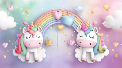 Two unicorns are resting on a rainbow, with hearts and stars surrounding them. The image has a whimsical and playful mood, with the unicorns and rainbow creating a sense of magic and wonder