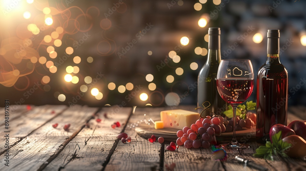 Poster two bottles of red wine and a glass of wine are placed on a rustic wooden table alongside grapes and