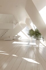 a modern interior design with white walls and wooden floor