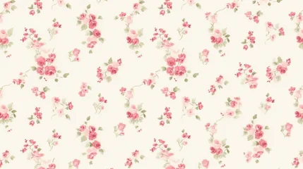Gardinen Blumen Muster  Cute pink tiny roses pattern on a cream background, small floral pattern, vintage shabby chic style wallpaper.floral line art, floral patterns, seamless patterns, background, large flowers.  © halo