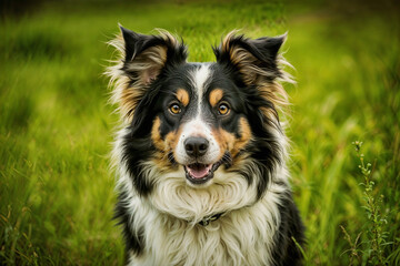 Fototapeta premium The Border Collie Dog Is Smiling and Standing in Grass.
