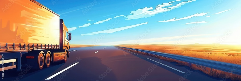 Aufkleber a large semi-truck drives on a paved highway with a guardrail on the right side, heading towards the