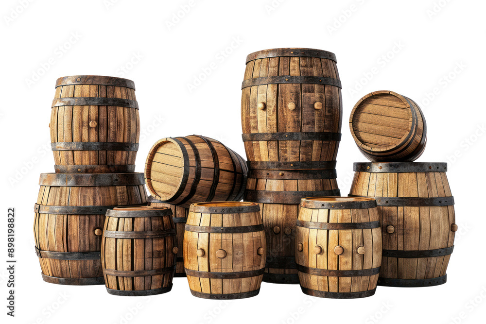 Wall mural Weathered wooden barrel Refers to an adventure story. Isolated on a white background.