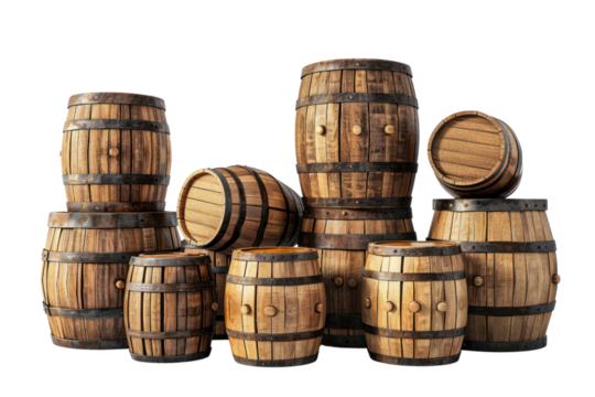 Weathered wooden barrel Refers to an adventure story. Isolated on a white background.