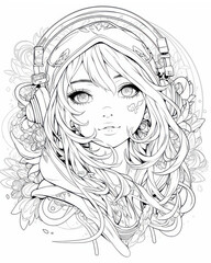 Fototapeta premium Beautiful anime girl, Black and white vector art, mandala coloring book page.