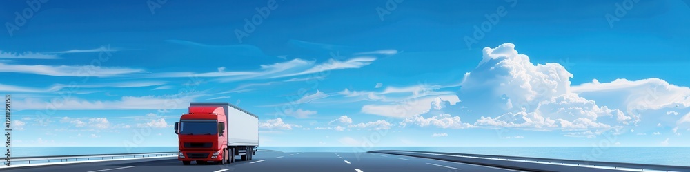 Aufkleber a red semi-truck drives on a highway with an open horizon. the sky is blue with white clouds. genera