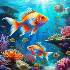 Fototapeta premium Vibrant orange white yellow blue red reef fish swim through coral reef. Sun rays pierce sea water. Variety of animal. Ecology hydrosphere. Anthropogenic factor influencing death of coral reefs. AI