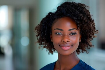 Fototapeta premium Close Up Portrait of a Young Black Woman With Curly Hair, Smiling in an Office Setting