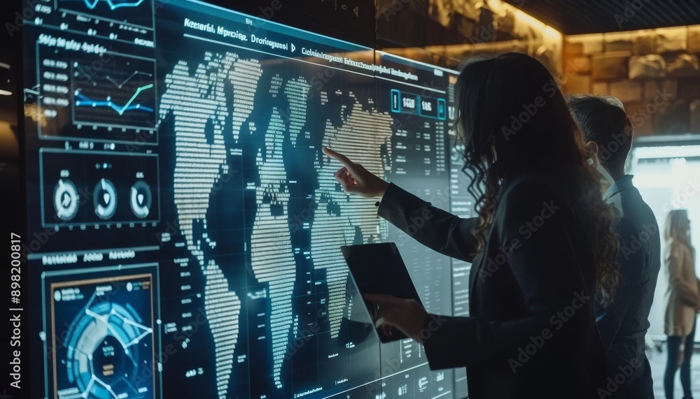 Poster telecom control room project manager engineer analyze infrastructure data on big screen laptop