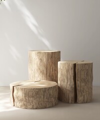 Fototapeta premium Three natural wooden log cylinder podium in dappled sunlight, shadow on white wall, beige floor for luxury, modern, minimal organic cosmetic, skincare, body care, beauty product background 3D