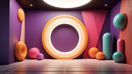 Pink, purple, and orange orbs with a teal, yellow, pink, and purple background 3D. Suitable for vibrant and colorful graphic design projects.