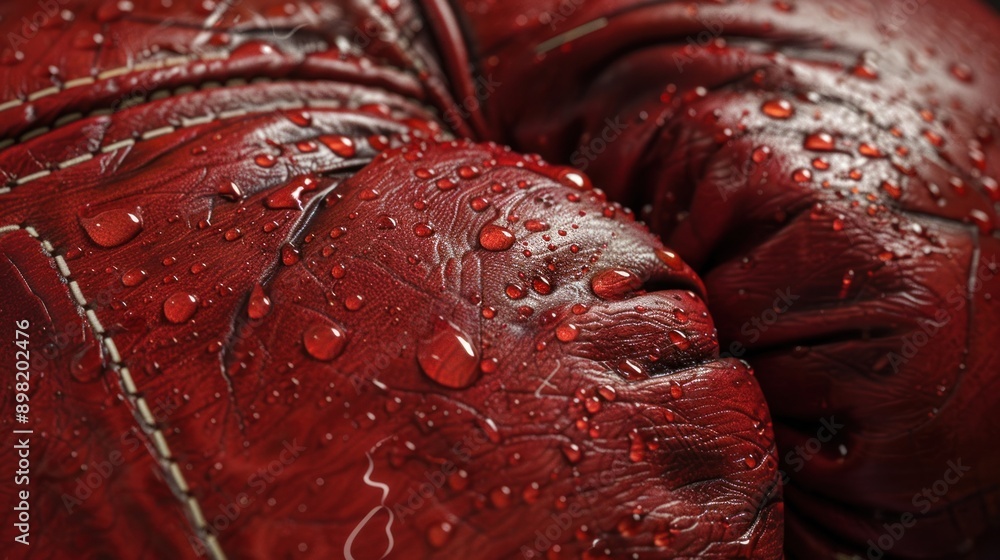 Wall mural Red Leather Boxing Gloves with Water Droplets