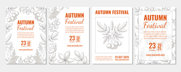 Set of autumn vertical a4 posters, abstract fall leaves frame or pattern. Monochrome gray vector illustration for social media, postcard, invitation, banner, festival, flyer, party or advertising.