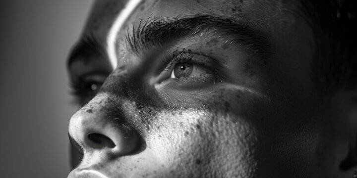 A grayscale portrait of a person's facial features