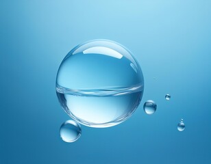 水色の背景に浮かぶ透明な水の滴　環境エコロジー　コスメ背景素材