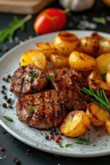 fried potatoes and grilled meat on a plate. Selective focus.