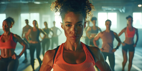 Fitness: A female personal trainer leading a group exercise in a modern gym.