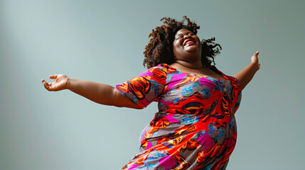 Joyful plus-size woman dancing energetically in a colorful dress. Concept of body confidence, happiness, and freedom