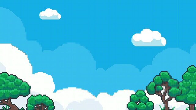 Pixel cloud background of retro video game background. 8 bit pixel game nature landscape scene with tree and moving clouds and blue sky. Pixelated template for computer game or application.