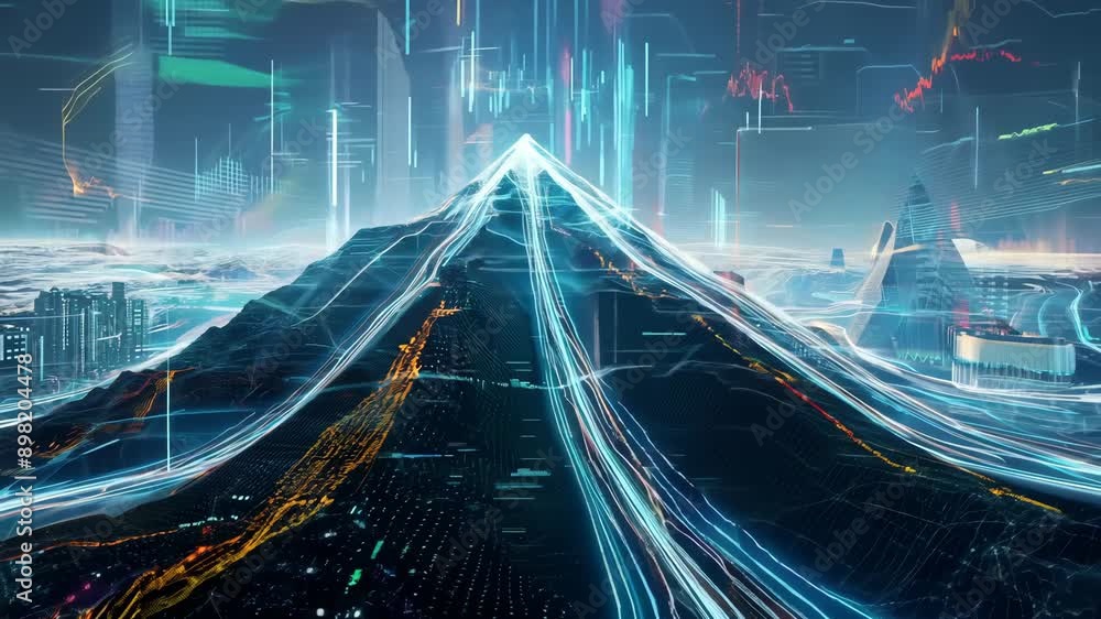 Poster digital mountain range with lines of light and data