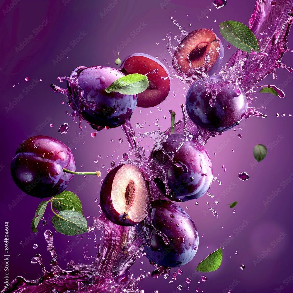 Sticker Vibrant splashes from fresh juicy plums. Dynamic still life photography with vibrant colors. Conceptualizing freshness and vitality. Perfect for food and drink advertisements. AI