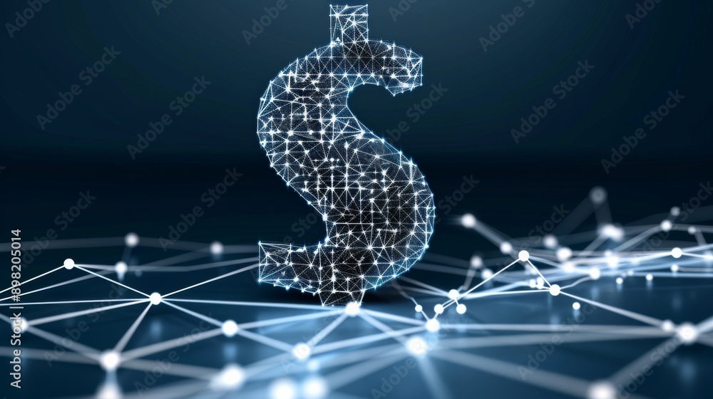 Aufkleber connected networking and finance concept with digital nodes and dollar symbol