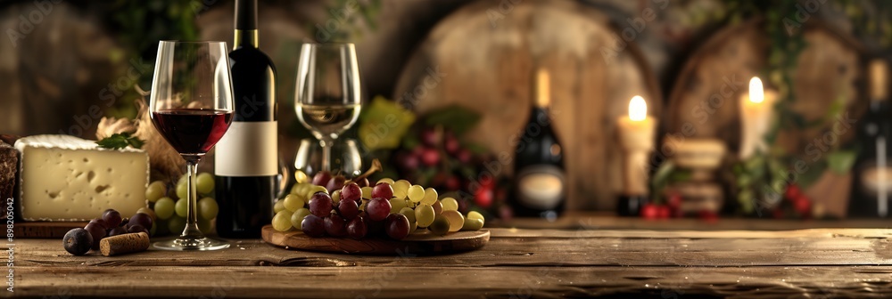 Poster a still life of wine, cheese, and grapes on a rustic wooden table in a cozy setting with candles. ge