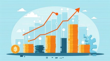 Fototapeta premium Financial growth concept with charts and graphs, arrows pointing up, stacks of coins and money, dynamic upward trend