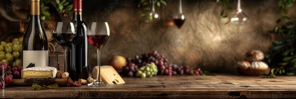 Poster two glasses of red wine and a bottle of wine are on a wooden table with cheese and grapes. generativ