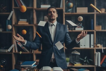 Businessman juggling office supplies and gadgets, multitasking skills, with copy space