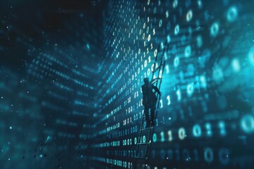 Businessperson climbing ladder made of binary code, digital transformation, with copy space