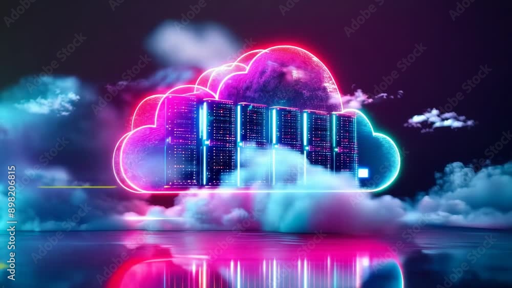 Poster futuristic neon cloud computing concept with glowing cybernetic server racks, advanced data storage,