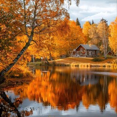 Fototapeta premium Serene Autumn Landscape with Vibrant Trees and River