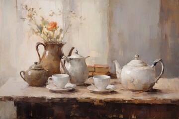 Tea set table in the cafe shop painting porcelain pottery.