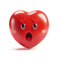 3D startled red heart character with worried eyes and mouth open, concept of anxiety and emotional response, isolated in white background.