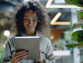 Portrait of a woman with curly hair working on a tablet, great for tech-related concepts or showcasing women in STEM fields